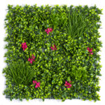 UV Coated Artificial Vertical Garden Mat with Mixed Green Leaves and Pink Flowers (100 X 100 cm)UV Coated Artificial Vertical Garden Mat with Mixed Green Leaves and Pink Flowers (100 X 100 cm)
