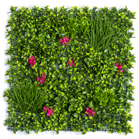 UV Coated Artificial Vertical Garden Mat with Mixed Green Leaves and Pink Flowers (100 X 100 cm)UV Coated Artificial Vertical Garden Mat with Mixed Green Leaves and Pink Flowers (100 X 100 cm)