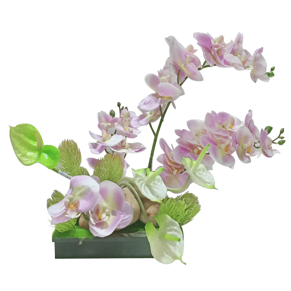 Artificial Orchid and Anthurium Flower Arrangement with Wooden Base